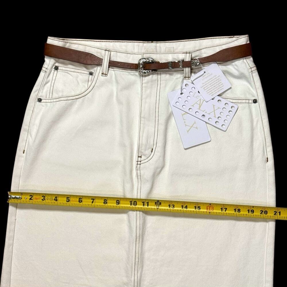 NEW Le' AL.X Ivory White Denim Pencil Maxi Skirt Contrast Stitch Back Slit 32 - Picture 4 of 12